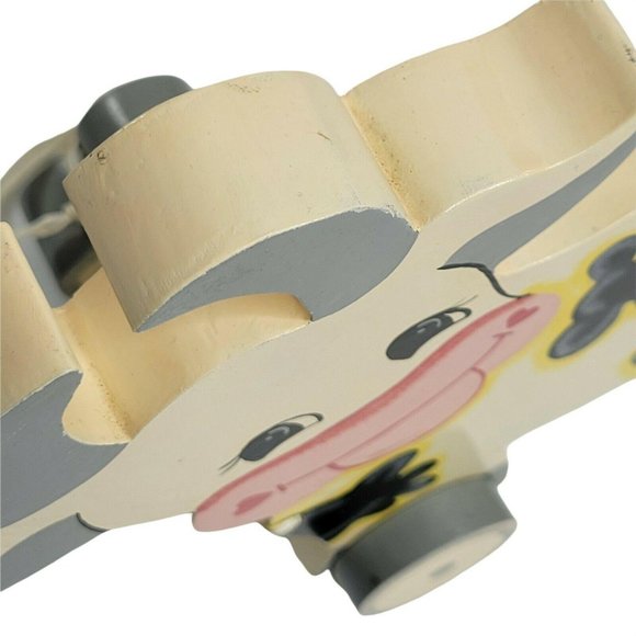 Folk Art Smiling Wooden Cow Toy Heart Pull 8" Length Off White Gray - Picture 6 of 9